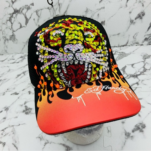 Ed Hardy Tiger OrangeMulticolor Rhinestone Trucker Hat NWT